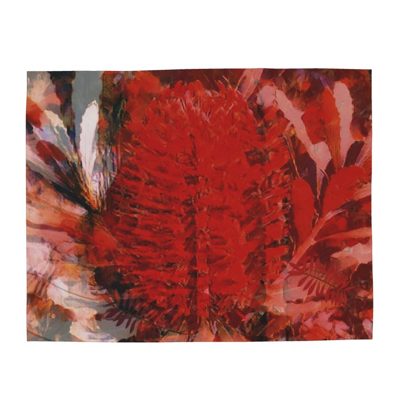 Petrichor Fine Art Limited Edition Red Banksia luxury silk shawl in 85gsm Mulberry Silk Satin featuring fiery red botanical art.