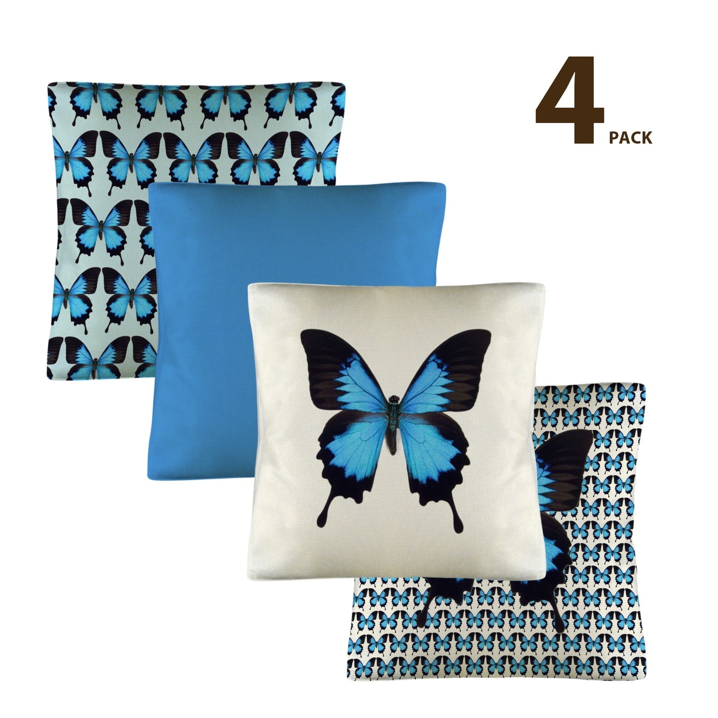 Four australaian blue ulysses butterfly  themed pillow covers with blue and black 