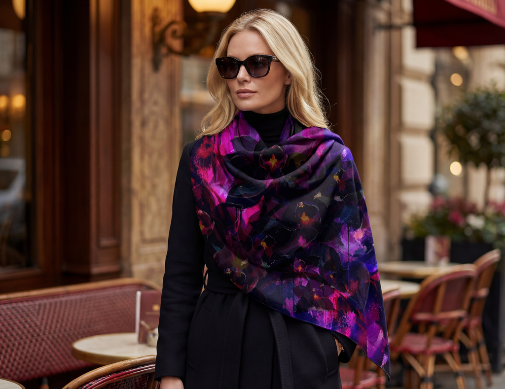 "A model in a sharp black tuxedo wearing the Petrichor Fine Art Black Fire Orchid silk shawl, showcasing the liquid-gold drape of 85gsm Mulberry Silk in a gallery setting."