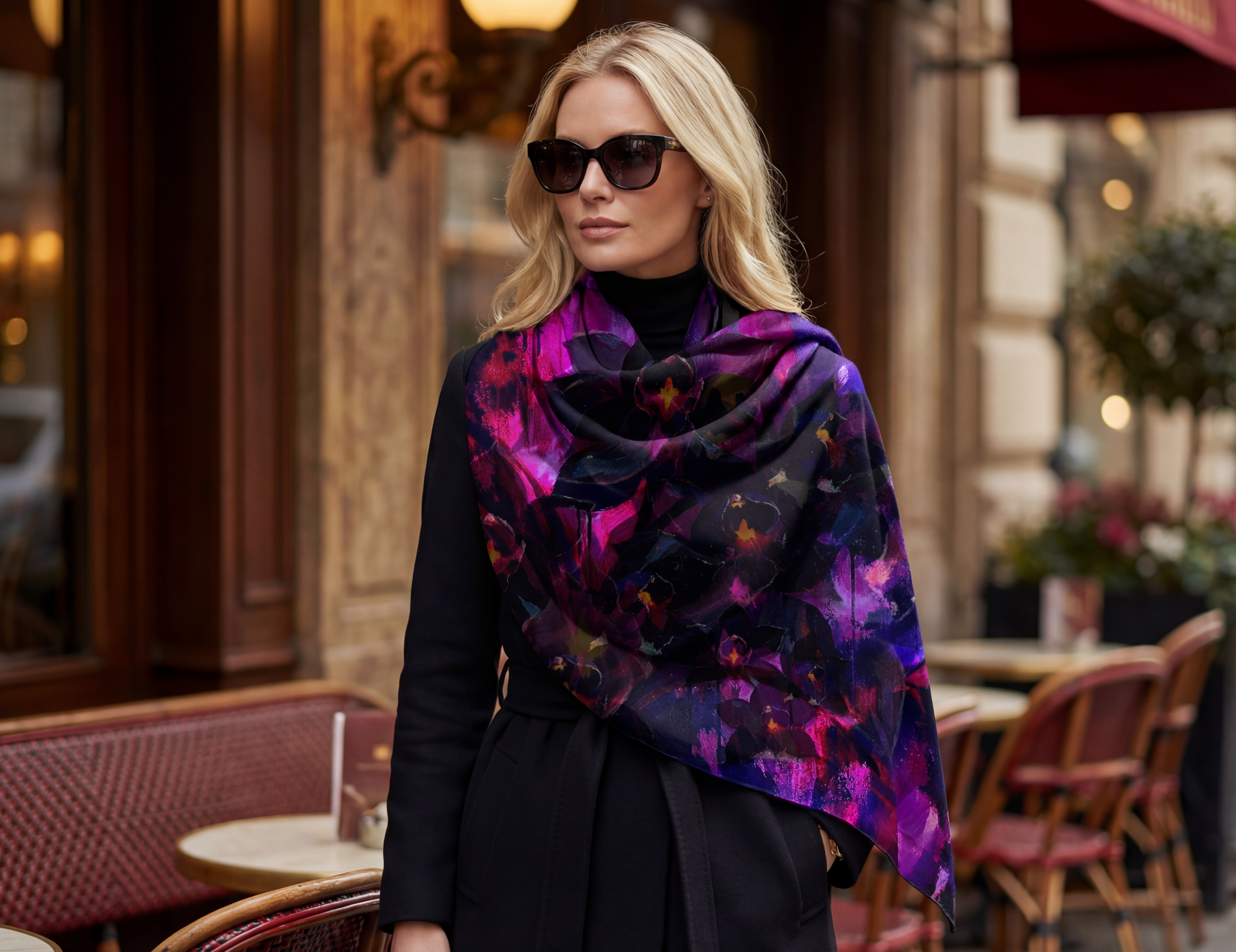 "A model in a sharp black tuxedo wearing the Petrichor Fine Art Black Fire Orchid silk shawl, showcasing the liquid-gold drape of 85gsm Mulberry Silk in a gallery setting."