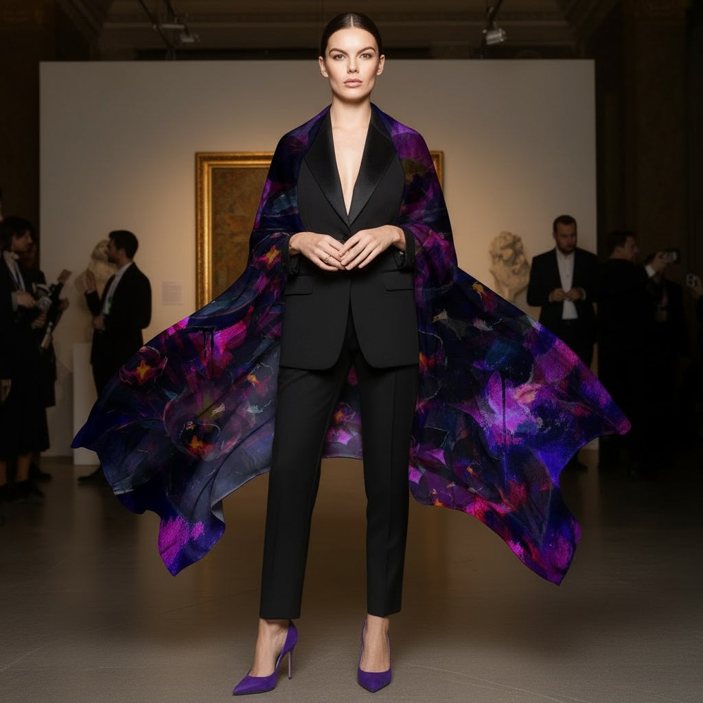 "A model in a sharp black tuxedo wearing the Petrichor Fine Art Black Fire Orchid silk shawl, showcasing the liquid-gold drape of 85gsm Mulberry Silk in a gallery setting."