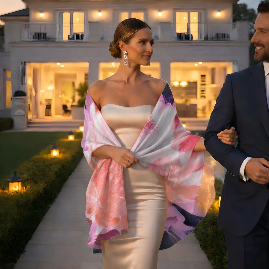 Petrichor Fine Art Limited Edition Pink Susara luxury silk shawl with embossed protea design in 85gsm Mulberry Silk Satin.