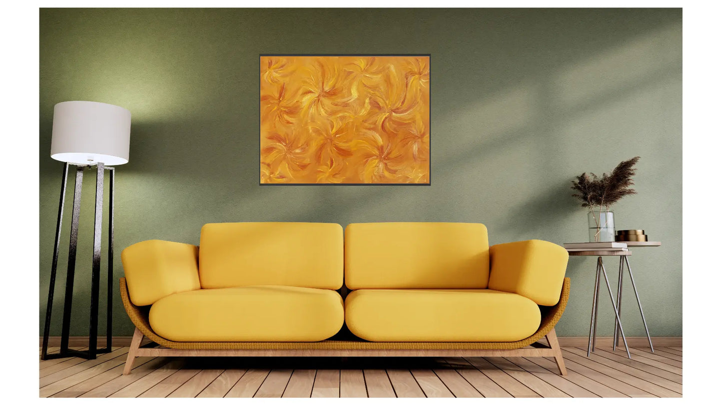 Yellow sofa in a living room with a green wall, lamp, and abstract painting.