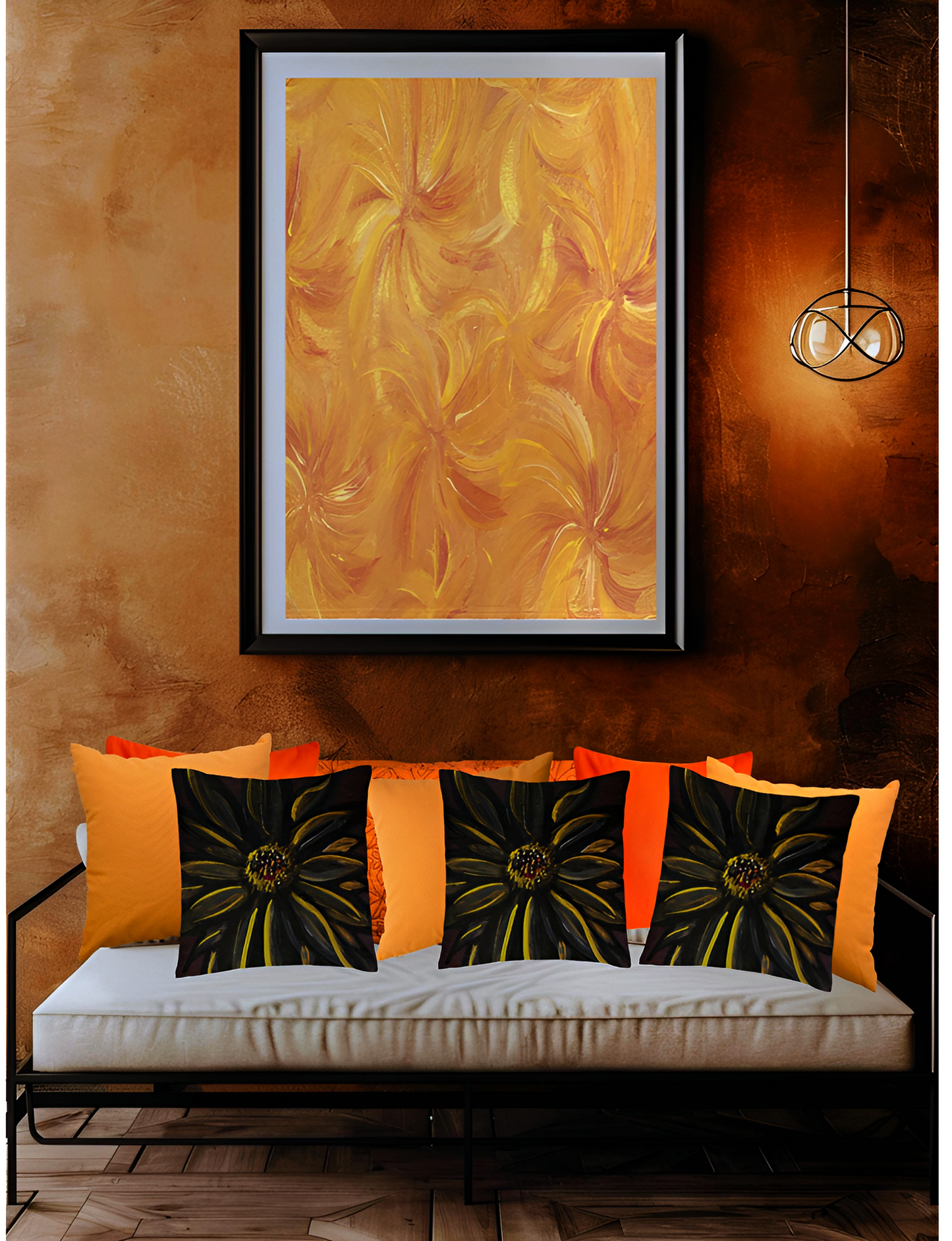Framed abstract painting on a wall above a sofa with decorative pillows. @petrichor.com.co