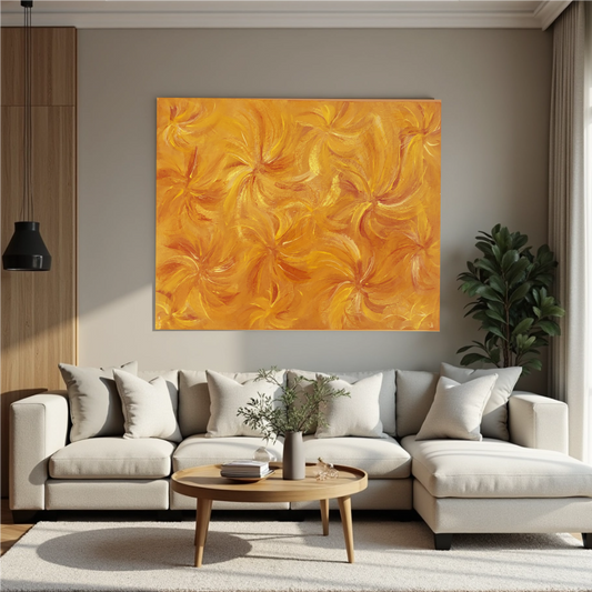 Modern living room with a large abstract orange painting on the wall above a beige sofa.