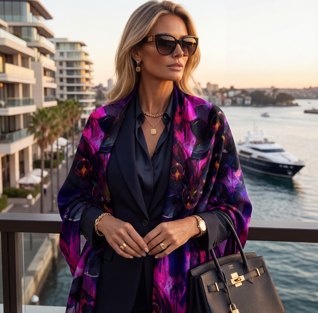 Limited edition Petrichor Fine Art silk shawl featuring an abstract Black Fire Orchid