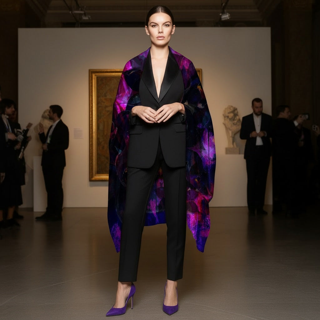 Limited edition Petrichor Fine Art silk shawl featuring an abstract Black Fire Orchid design in deep obsidian, neon magenta, and electric indigo."