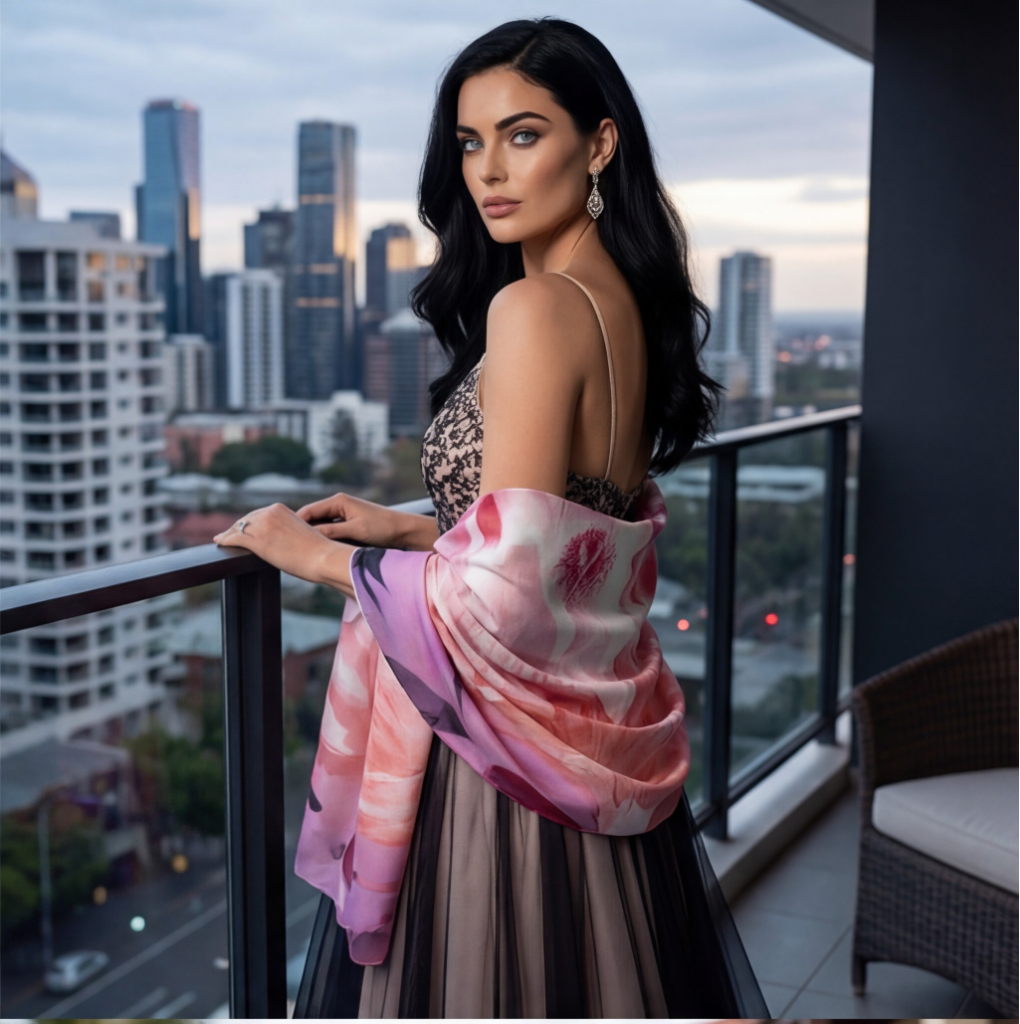 Petrichor Fine Art Limited Edition Pink Susara luxury silk shawl with embossed protea design in 85gsm Mulberry Silk Satin.