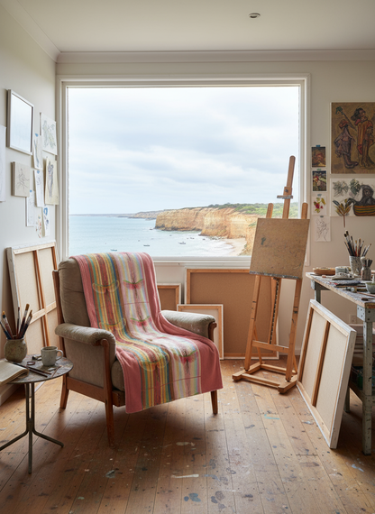 Art studio with a large window view of the sea and cliffs, featuring an armchair with a colorful blanket and art supplies.
