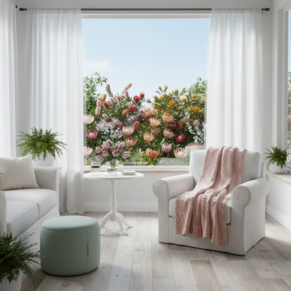 Modern living room with white furniture, pink blanket, and flowers outside the window.
