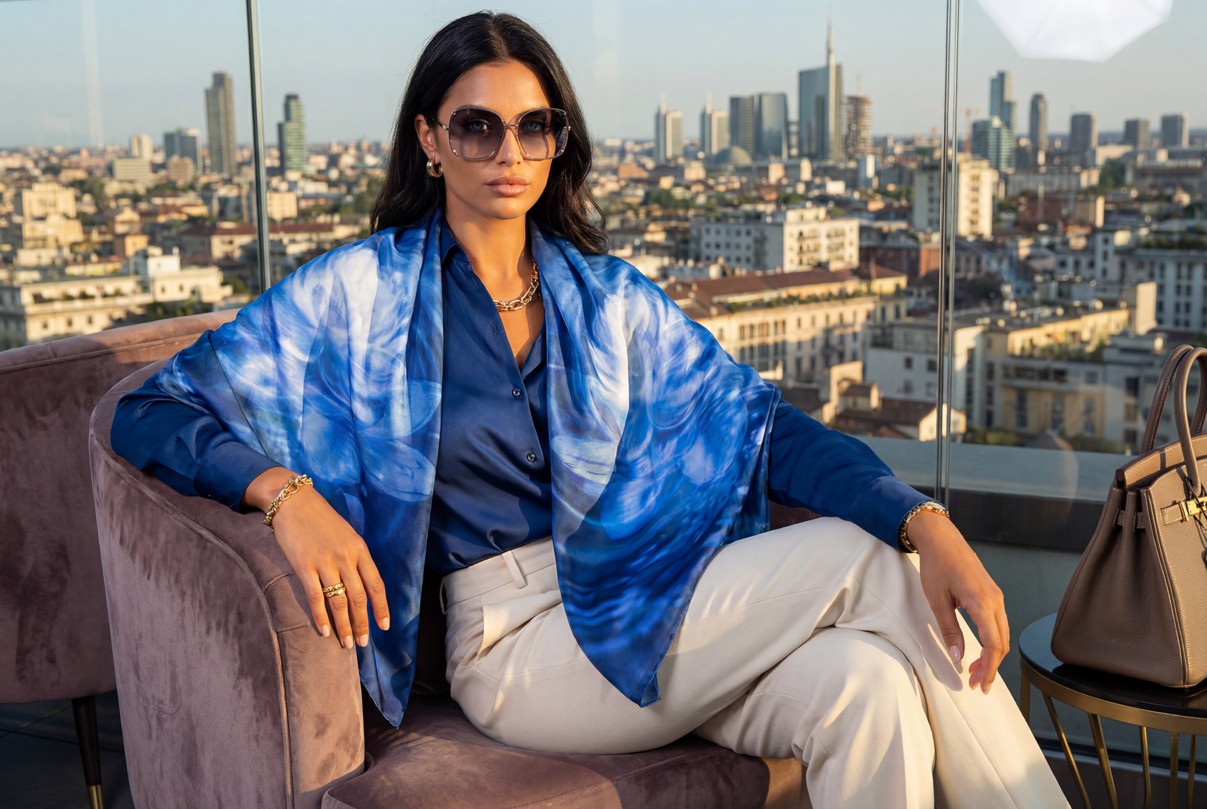 Petrichor Fine Art "The Source" Blue Water Lily luxury silk shawl in deep cobalt 85gsm Mulberry Silk Satin featuring a rippled water effect.