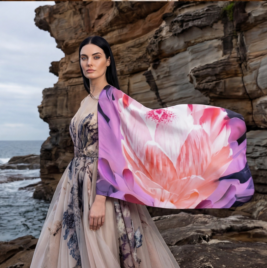 Petrichor Fine Art Limited Edition Pink Susara luxury silk shawl with embossed protea design in 85gsm Mulberry Silk Satin.