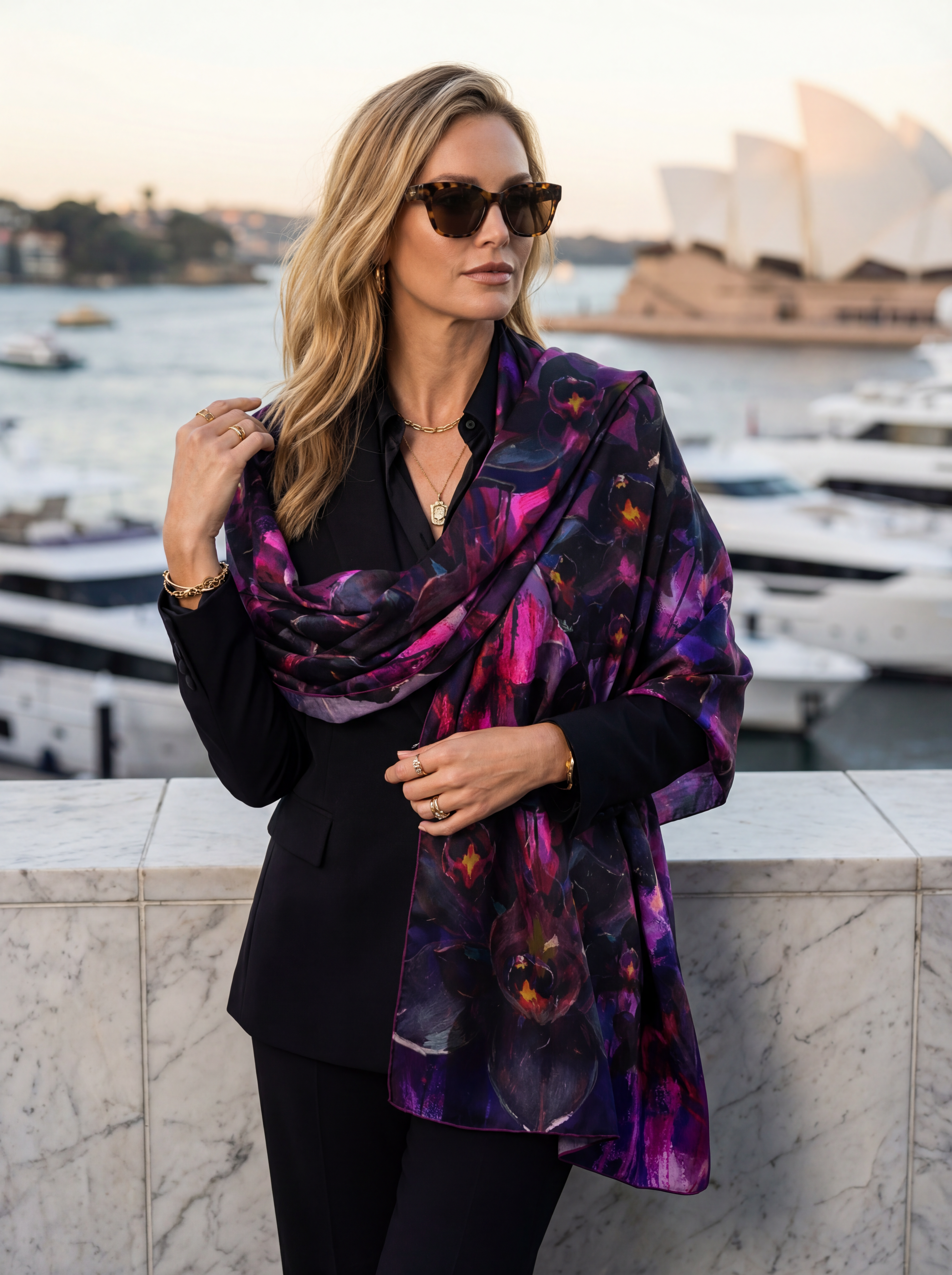 "Exclusive wearable art: One of only five Petrichor Fine Art Dark Desire shawls, crafted from 100% Grade 6A Mulberry Silk with a high-shine satin finish."