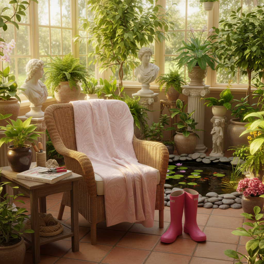 Cozy indoor setting with a wicker chair, pink blanket, and pink boots in a sunlit room filled with plants.