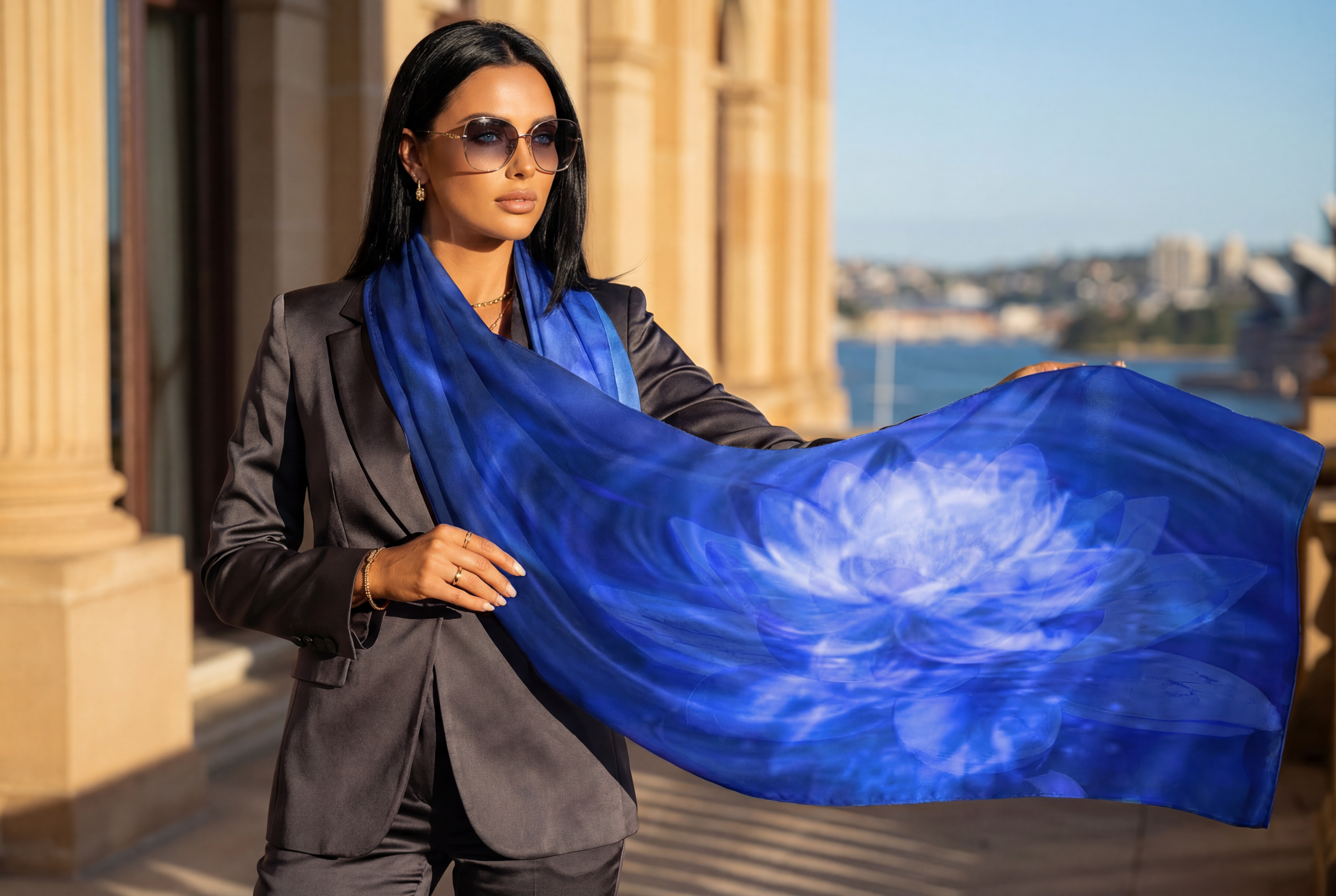 Petrichor Fine Art "The Source" Blue Water Lily luxury silk shawl in deep cobalt 85gsm Mulberry Silk Satin featuring a rippled water effect.