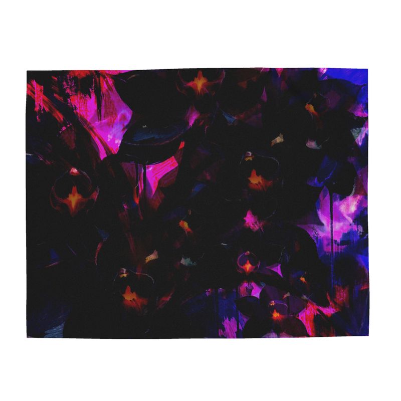 "Deep obsidian silk shawl featuring high-contrast neon magenta and indigo abstract botanical art, inspired by the Australian Black Fire Orchid (Pyrorchis nigricans)."