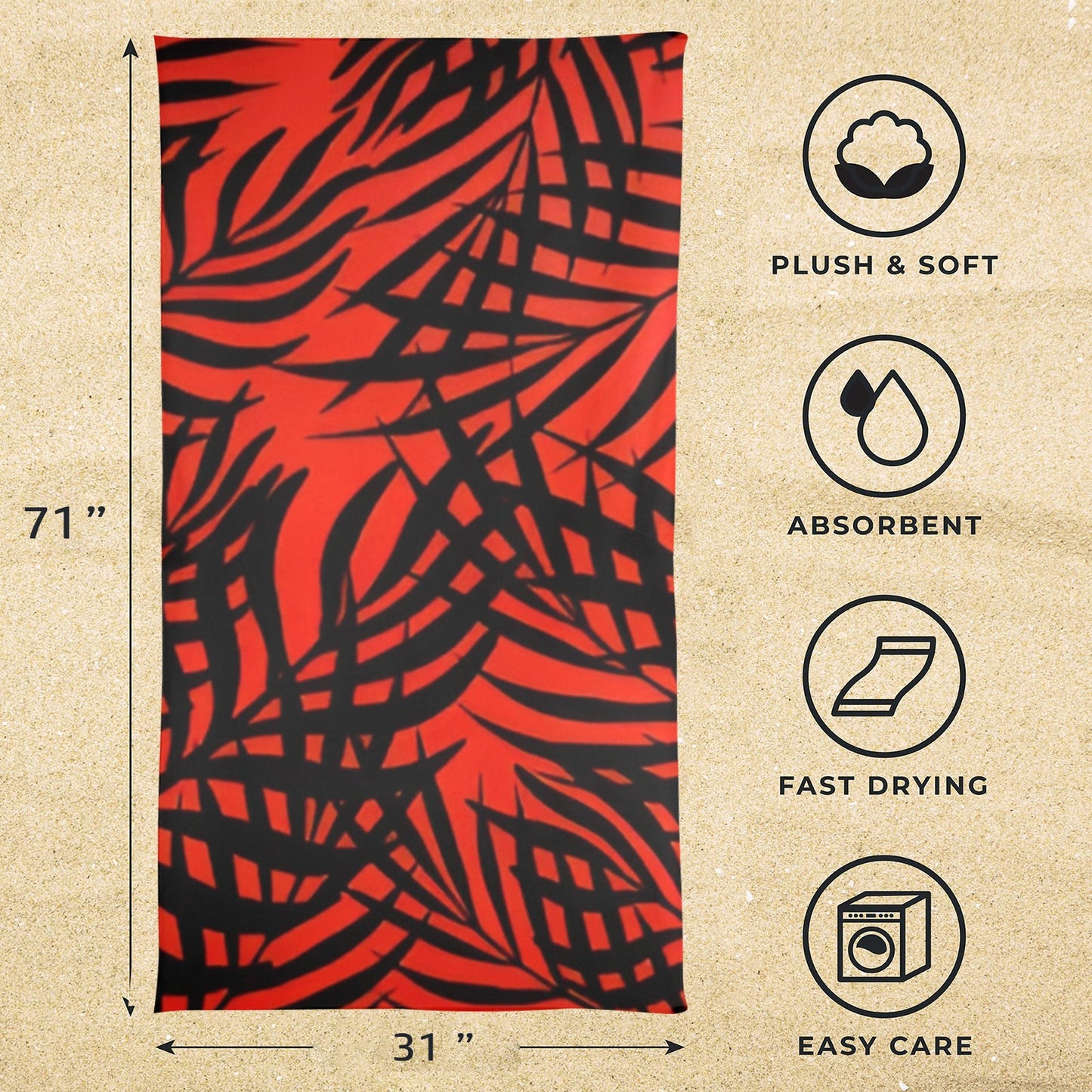 Red and black patterned towel with product features on a beige background