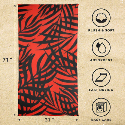 Red and black patterned towel with product features on a beige background