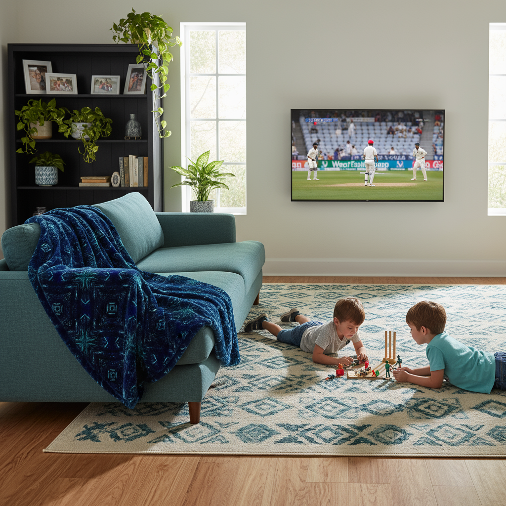 Two children playing with toys on a rug in a living room with a TV showing a cricket match.