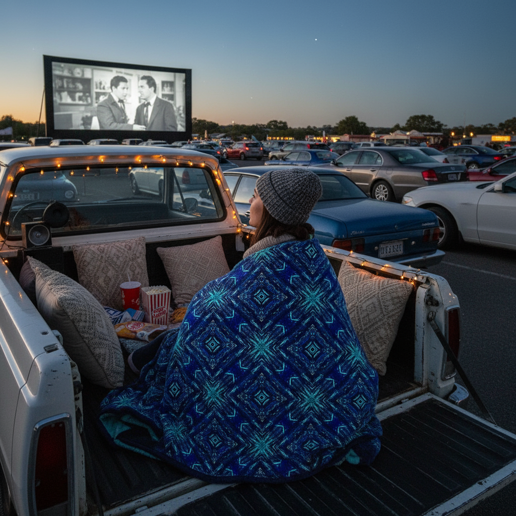 Person watching a movie on a screen in the back of a pickup truck at an outdoor cinema.