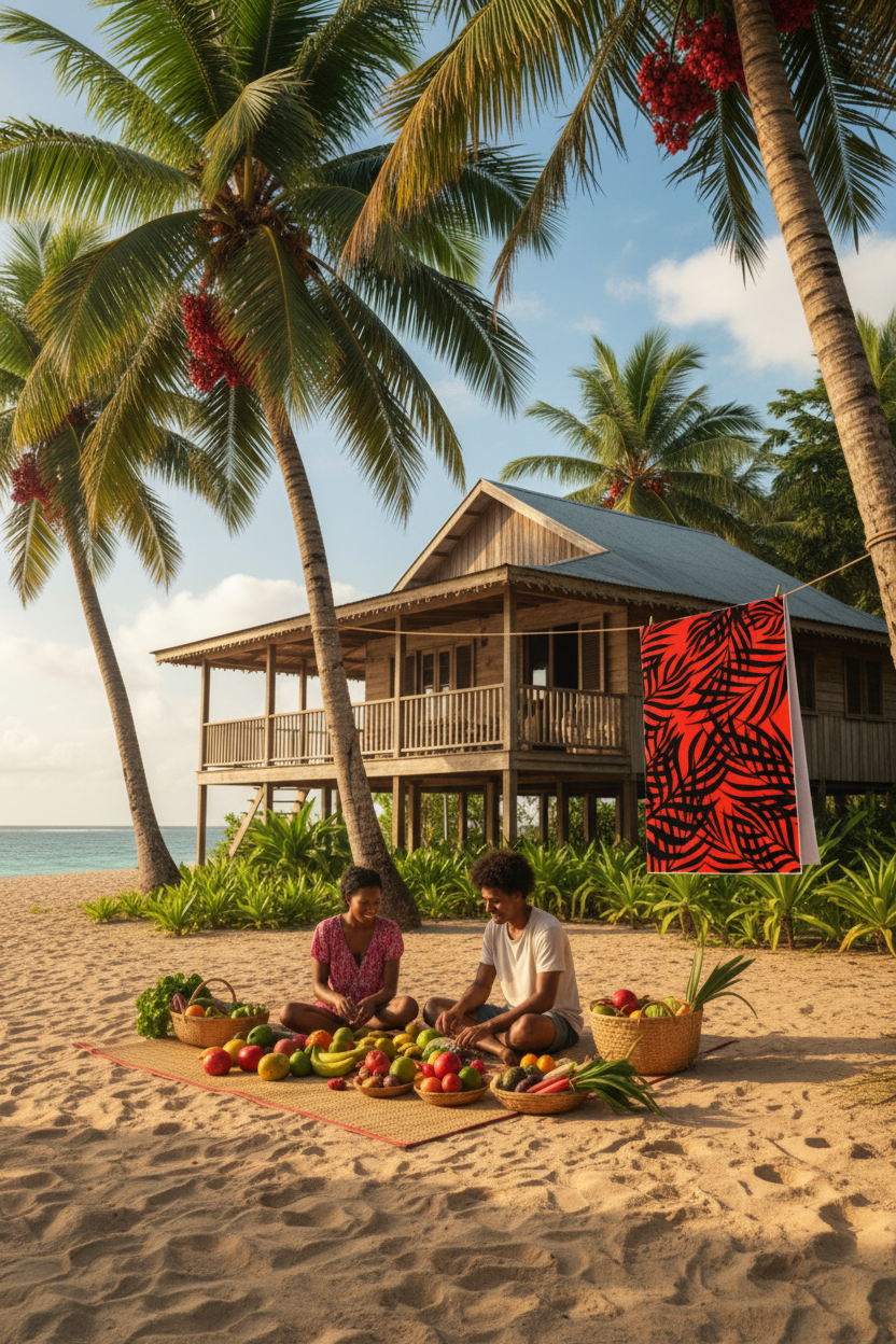 Two people sitting on a beach with a wooden hut and palm trees in the background.