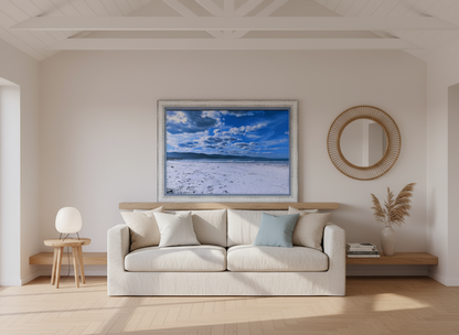 stunning simple living room with ocean print
