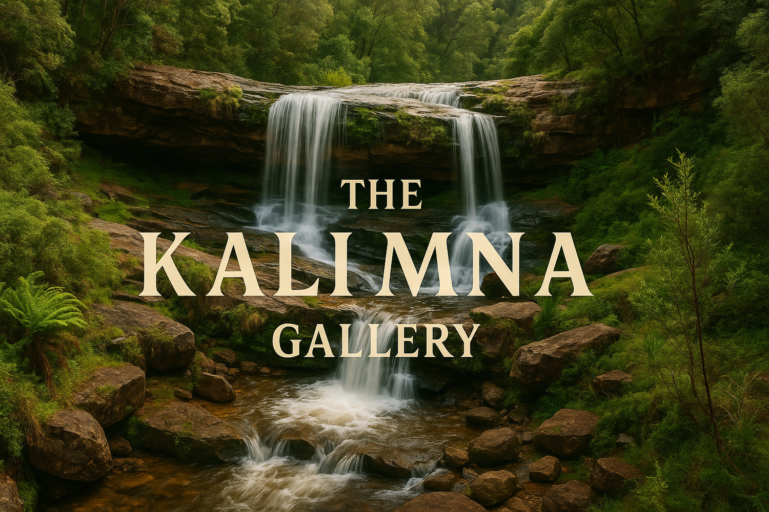 THE WATERFALLS AT KALIMNA WITH THE WORDS THE KALIMNA GALLERY WRITTEN ACROSS