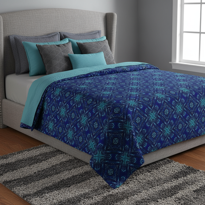 Bed with blue and teal patterned comforter and pillows in a bedroom setting.