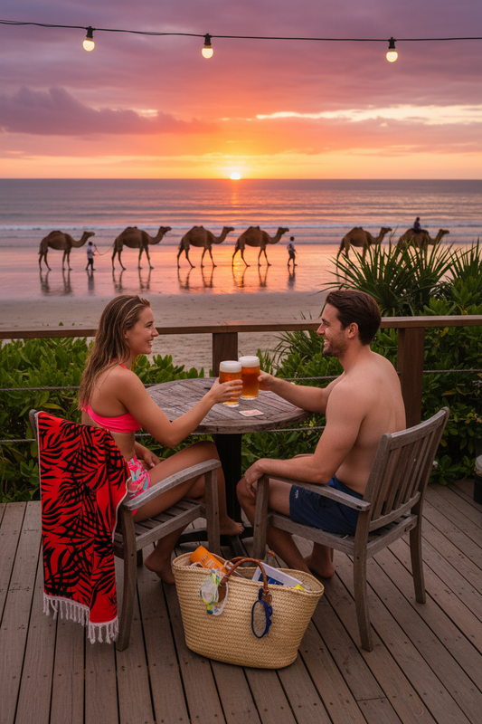 couple watching sunset  over broome with their palm tree towel