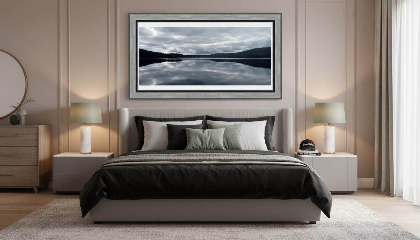 Modern bedroom with a bed, nightstands, and a framed picture of a lake.
