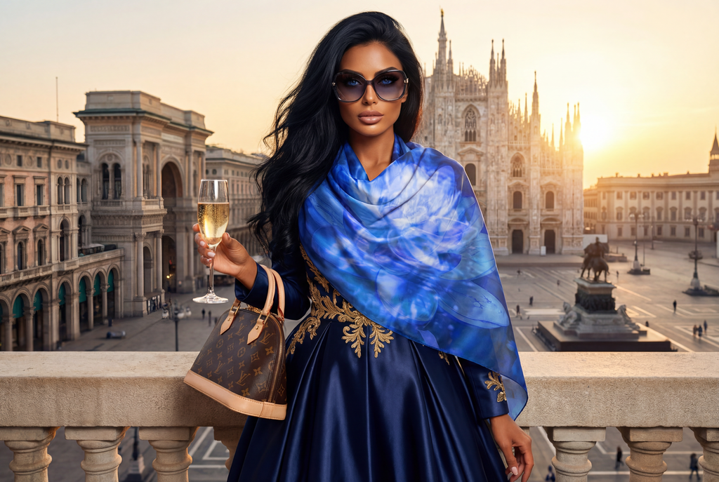 Petrichor Fine Art "The Source" Blue Water Lily luxury silk shawl in deep cobalt 85gsm Mulberry Silk Satin featuring a rippled water effect.